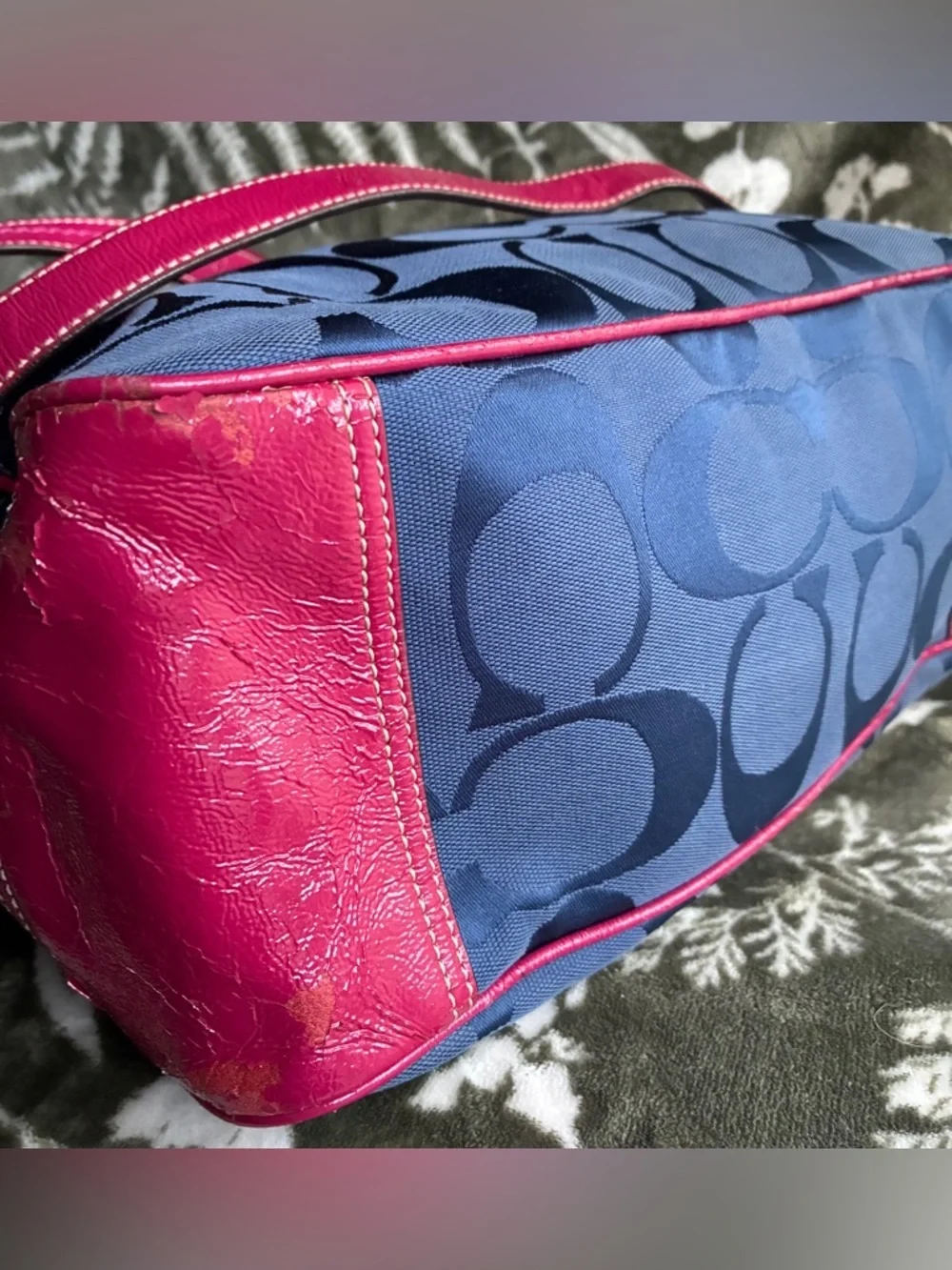 Coach Navy Signature shoulder Bag with Pink Leather Trim